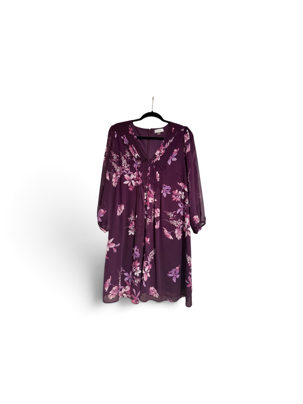 Calvin Klein Floral Chiffon Dress Size 14 Plum Purple Pink Long Sleeve